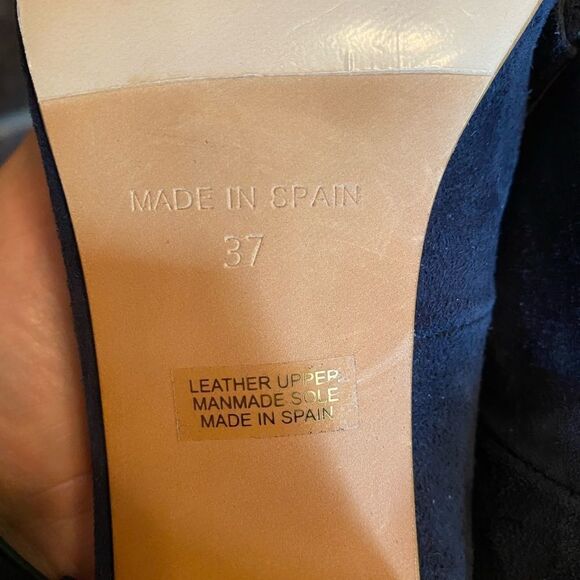 Anthropologie KMB navy suede crossed ruffle stacked heels - Picture 8 of 9